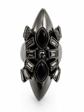 Givenchy Gunmetal Black Crystal Statement Cocktail Ring. Size 6